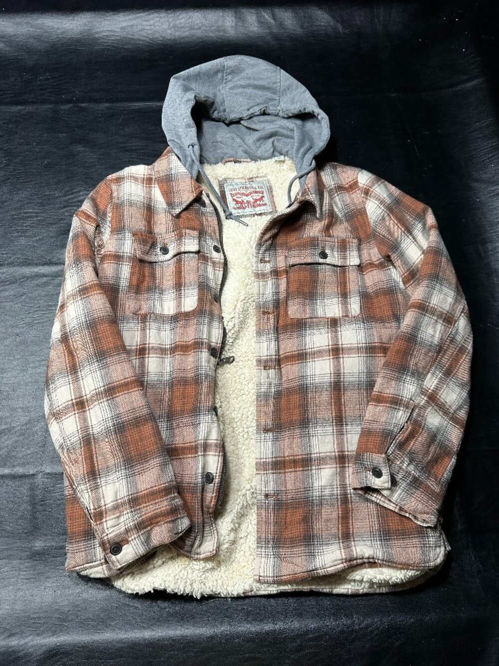 Levi’s Mens Medium Brown Faux Sherpa Lined Plaid Hooded Shirt Jacket